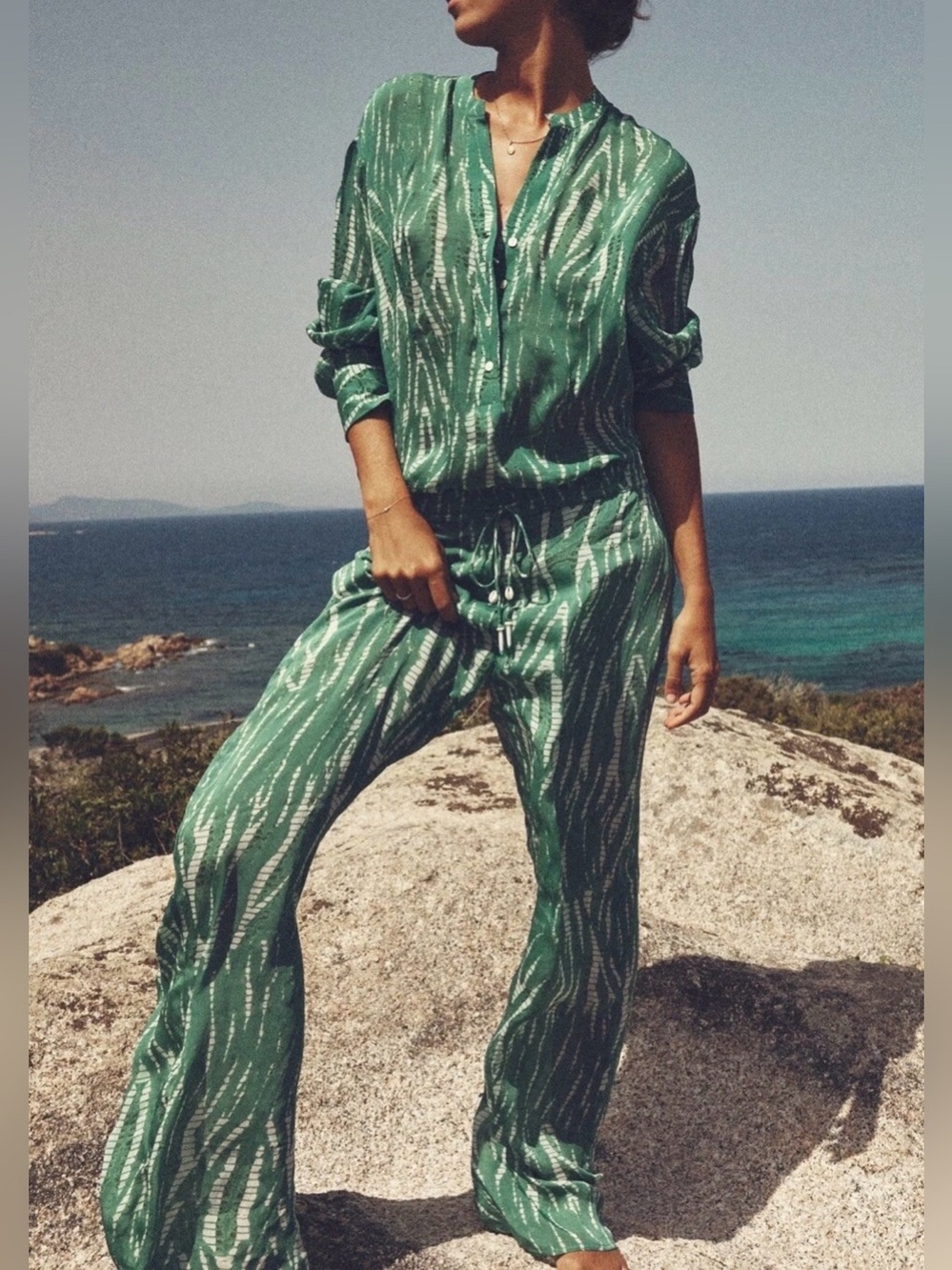 Zara Green Printed Button-Front two piece set
